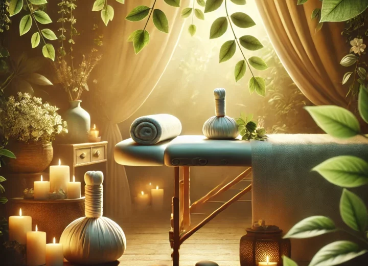 a massage table with candles and plants